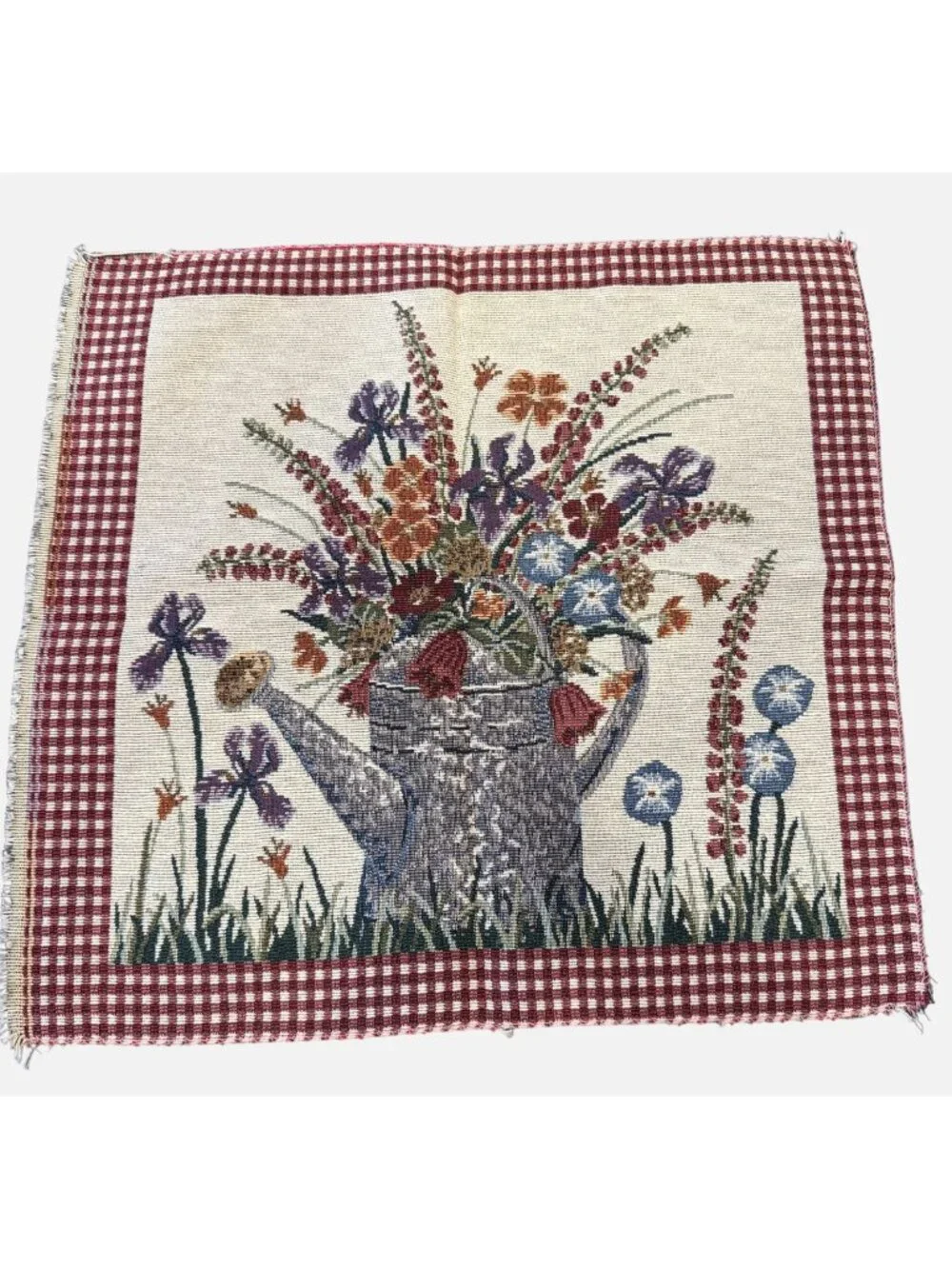 Woven Tapestry Pillow Panel Watering Can Floral Folk Art 18 Inch DIY Crafting